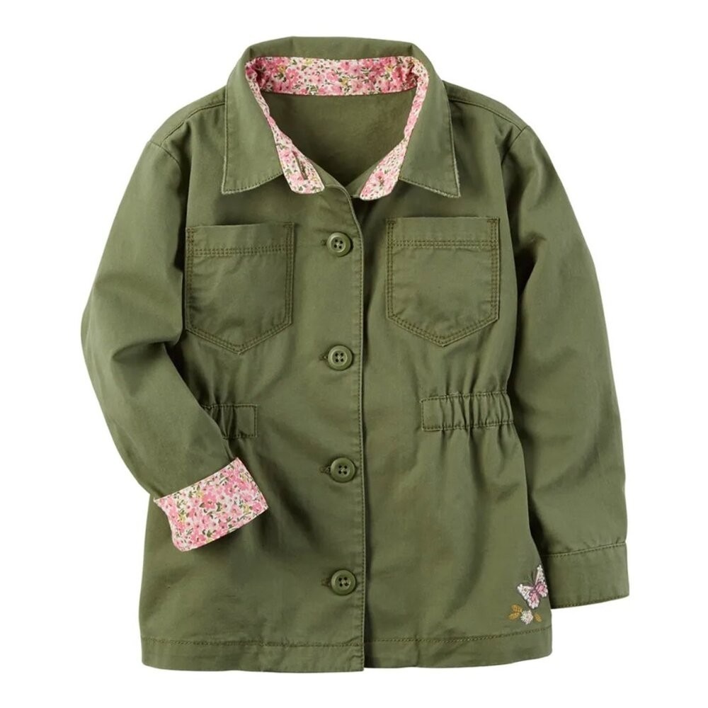 CARTER'S Girls Size 7 Fairy‎ Floral Butterfly Green Twill Jacket Cinch Waist